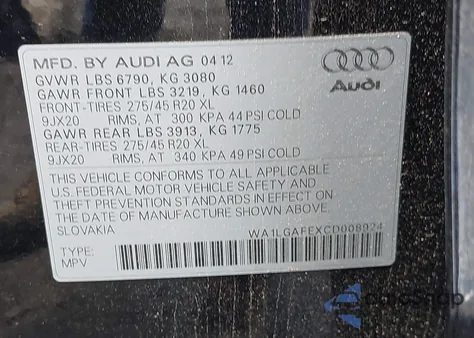 2012 Audi Q7 3.0T Premium z USA, uszkodzony, nr VIN WA1LGAFEXCD008924